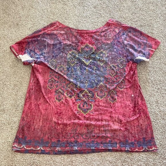 Y2K Boho Chic Deep V-Neck Pink & Purple Ombre Flowy Tunic Top - Picture 4 of 6